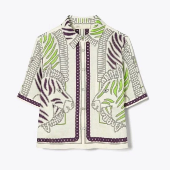 Tory Burch Tops - 🌿 Tory Burch Printed Linen Camp Shirt – Ivory Zebra Scarf (Size Small) | NEW 🦓